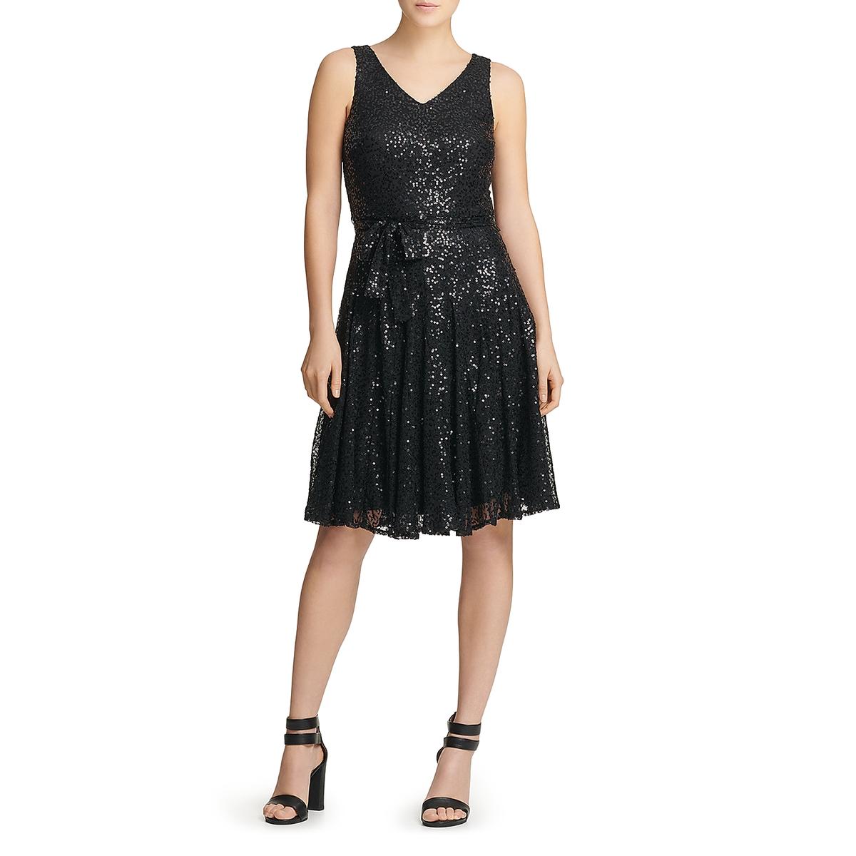 Donna Karan Womens Black Sequined V-Neck Party Cocktail Dress BHFO 5636 ...