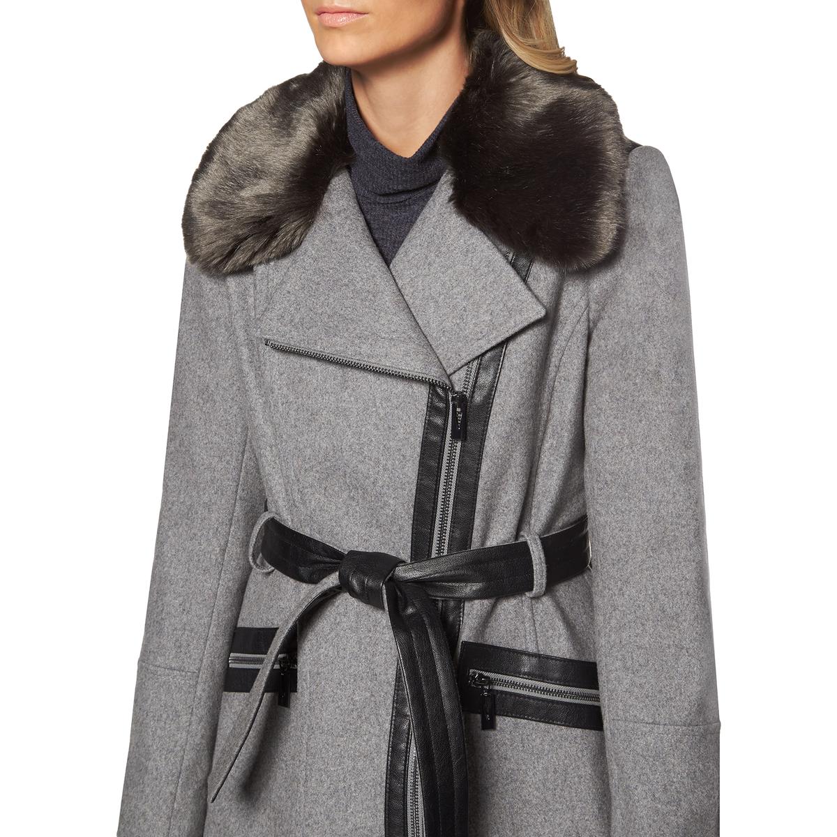 Via Spiga Petite Faux-Fur-Trim Belted Wrap Coat - Macy's