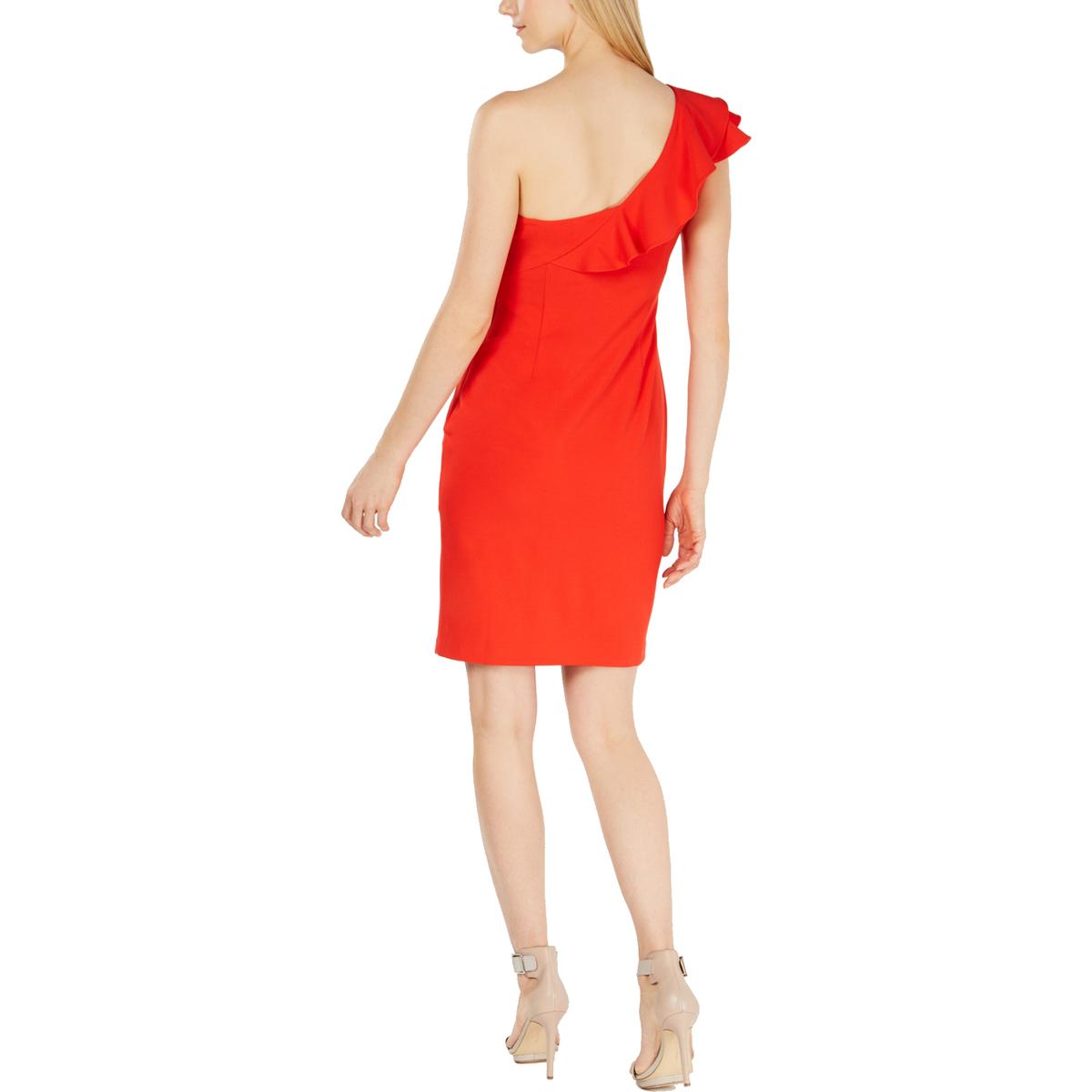 Calvin Klein Womens Red One Shoulder Ruffled Mini Cocktail Dress 16
