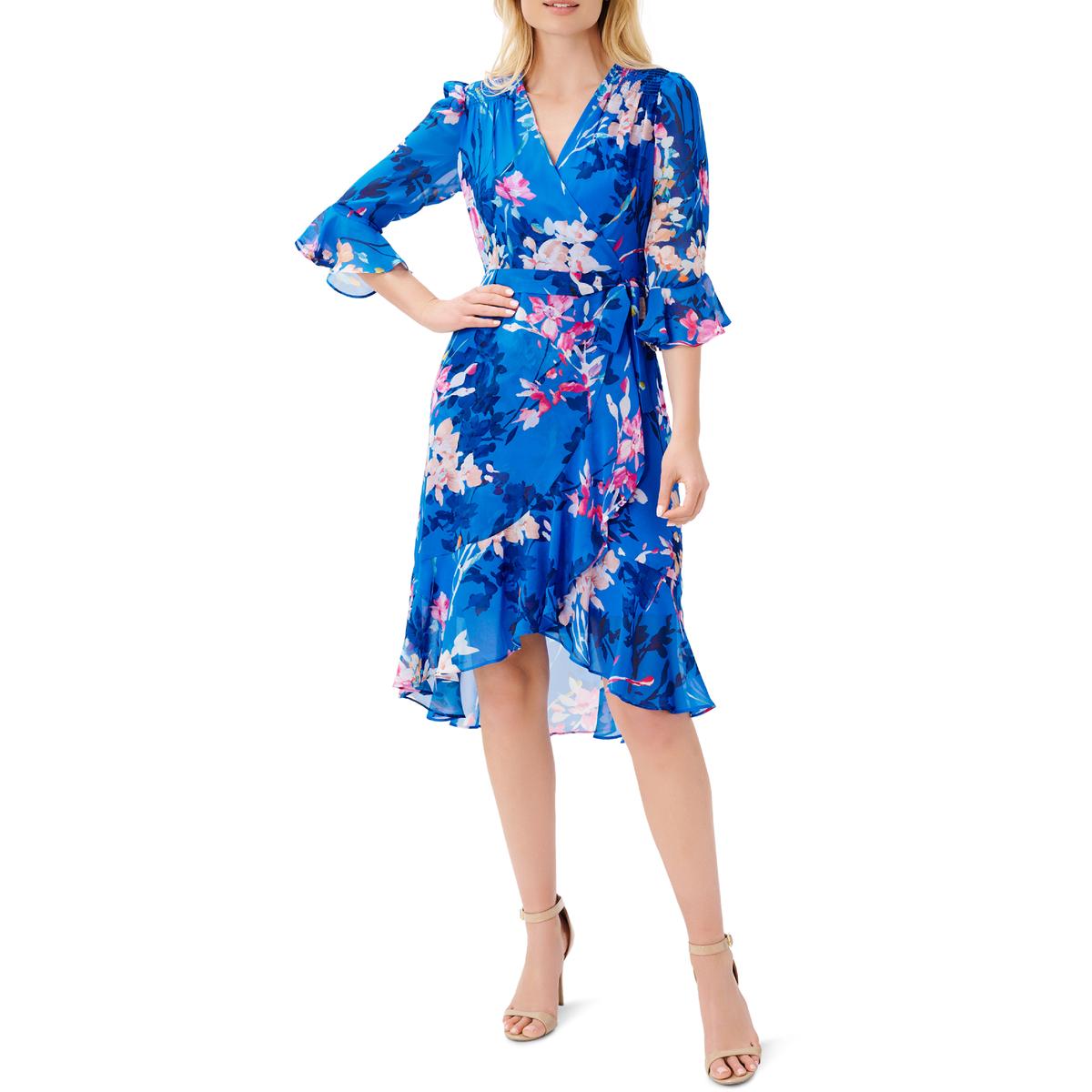 Adrianna Papell Womens Blue Floral Print Gathered Wrap Dress 6