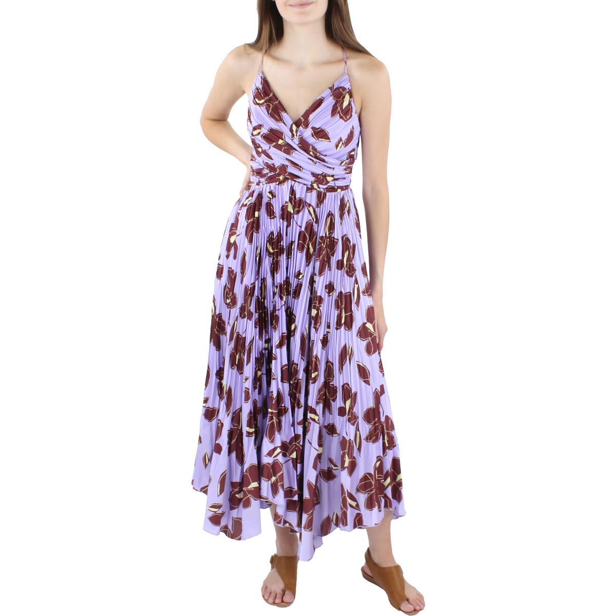 Pre-owned Jonathan Simkhai Womens Satin Floral Print Shutter Pleat Midi Dress Bhfo 3174 In Purple