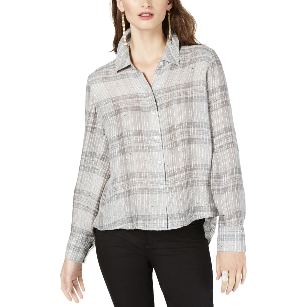 INC Womens Gray Plaid Sequined Button-Down Top Shirt M BHFO 3003 ...