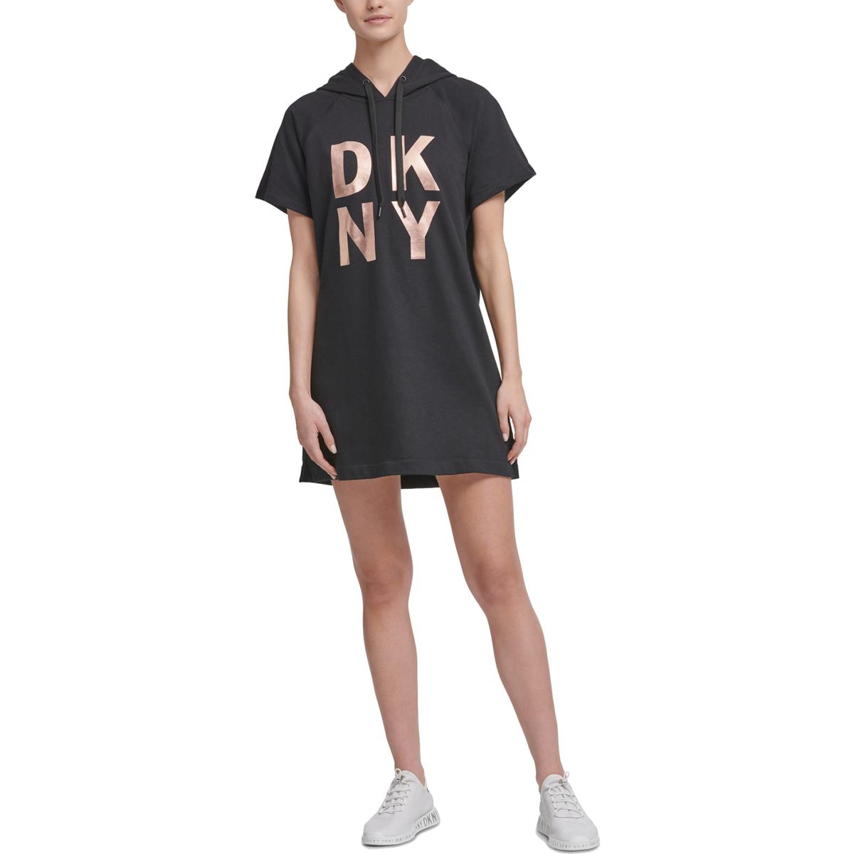 DKNY Sport Womens Black Metallic Logo Hooded Dress L BHFO 1968 eBay