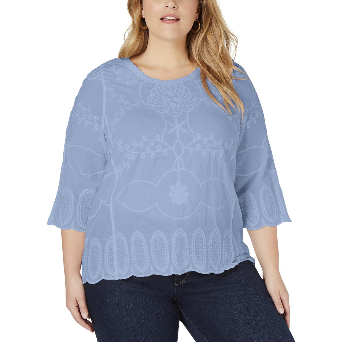 John Paul Richard Womens Blue Knit Embroidered Blouse Top Plus 1X BHFO ...