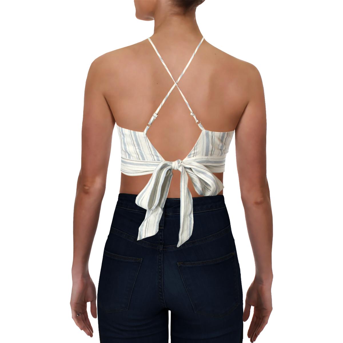 Aqua Womens White Striped High Neck Criss Cross Back Crop Top Shirt S Bhfo Ebay