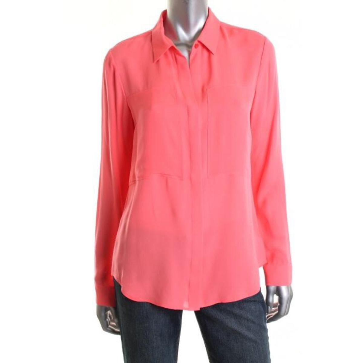 Theory Womens Durlia Pink Long Sleeves Silk Button-Down Top Blouse M ...
