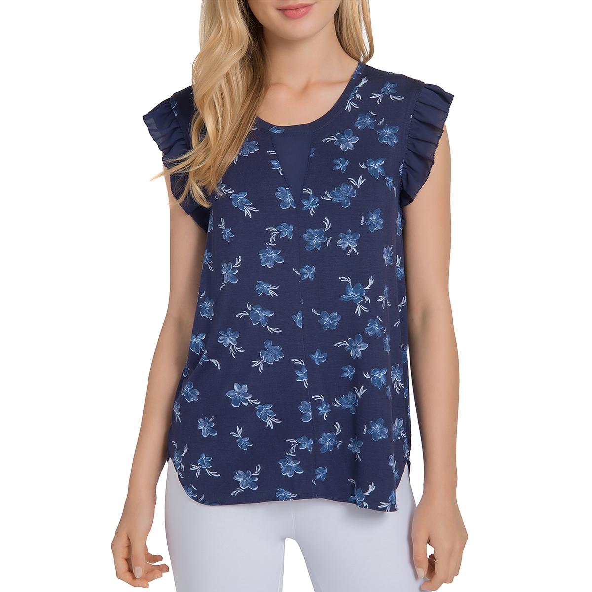 Lysse Womens Jamie Navy Floral Print Ruffled Cap Sleeve T-Shirt Top M ...