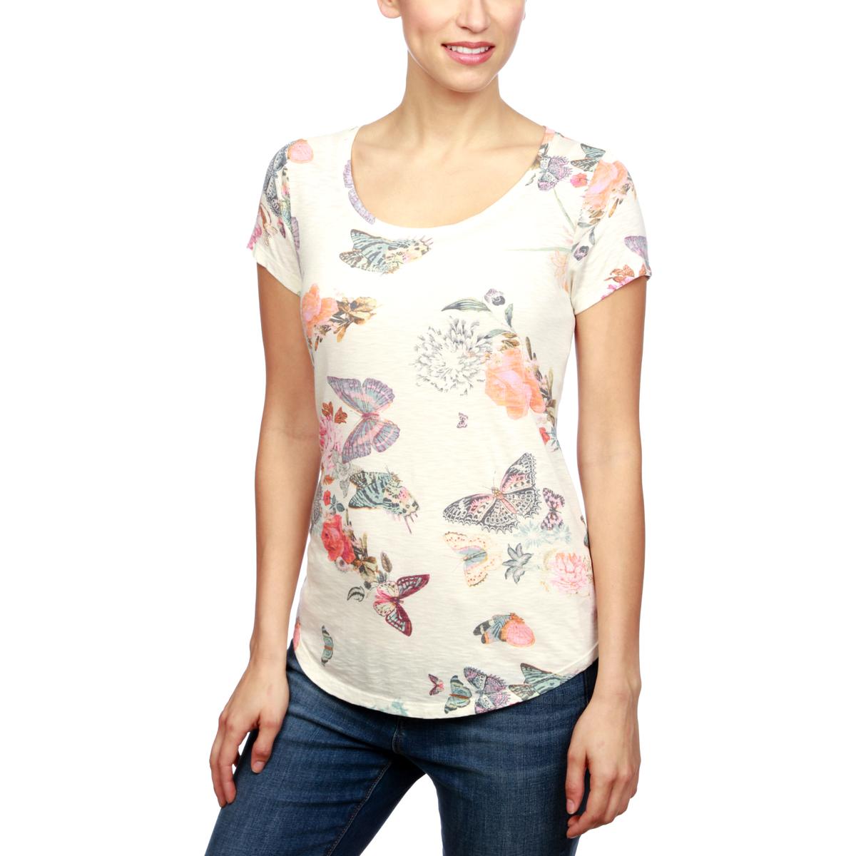 Lucky Brand Womens White Scoop Neck Butterfly Print T-Shirt Top S BHFO ...
