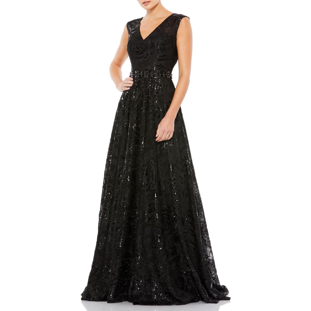 Pre-owned Mac Duggal Womens Embroidered Sequin Formal Evening Dress Gown Bhfo 7949 In Black