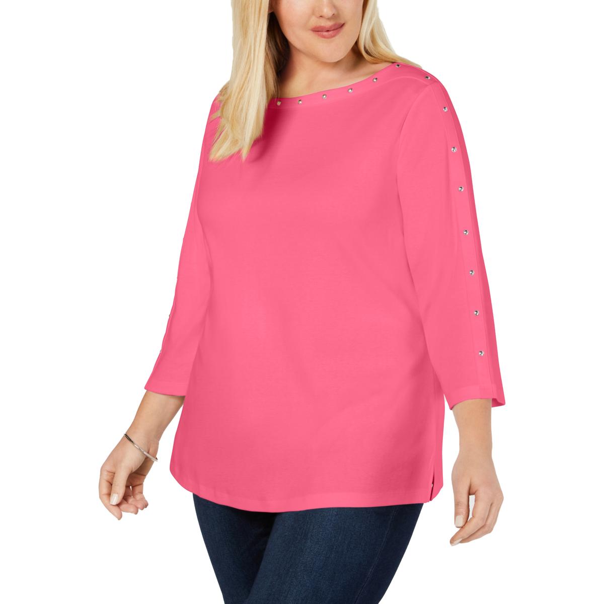 Karen Scott Womens Pink Knit Studded 3/4 Sleeves T-Shirt Top Plus 3X ...