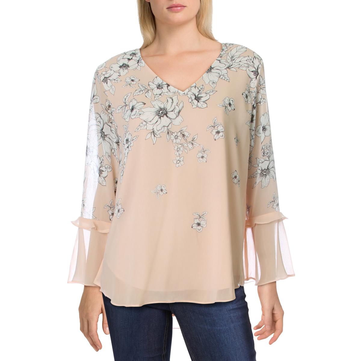 Calvin Klein Womens Beige FLoral V-Neck Bell-Sleeves Top Blouse M BHFO ...