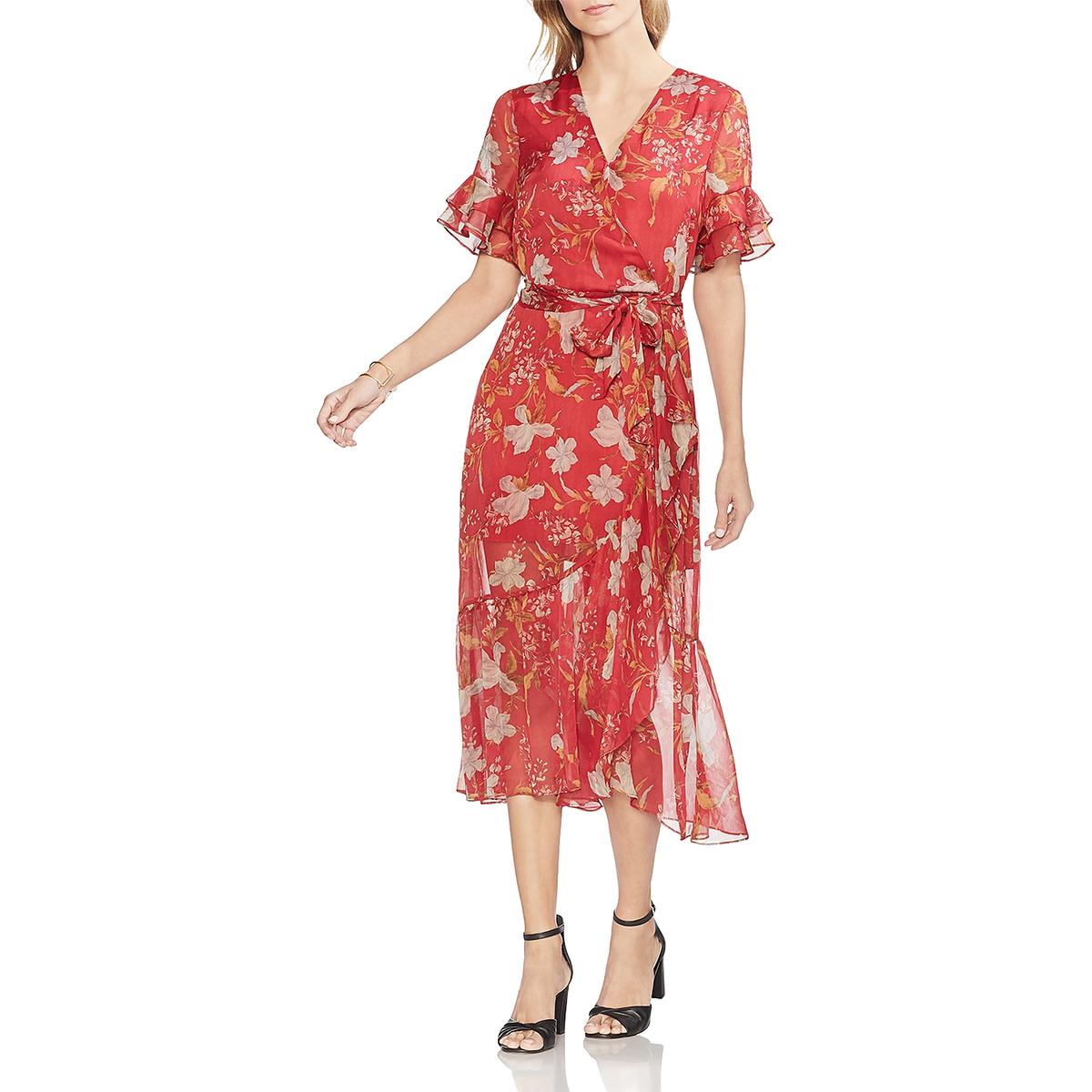 Vince Camuto Womens Red Floral Ruffled Faux Wrap Midi Dress 4 BHFO 7804 ...