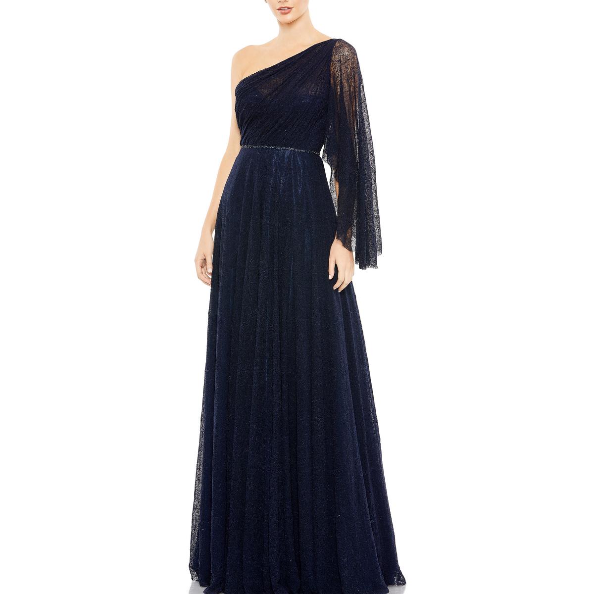 Pre-owned Mac Duggal Womens Cape Sleeve Maxi Formal Evening Dress Gown Bhfo 4943 In Navy