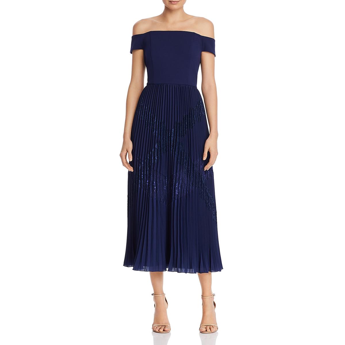 off shoulder pleated midi dress