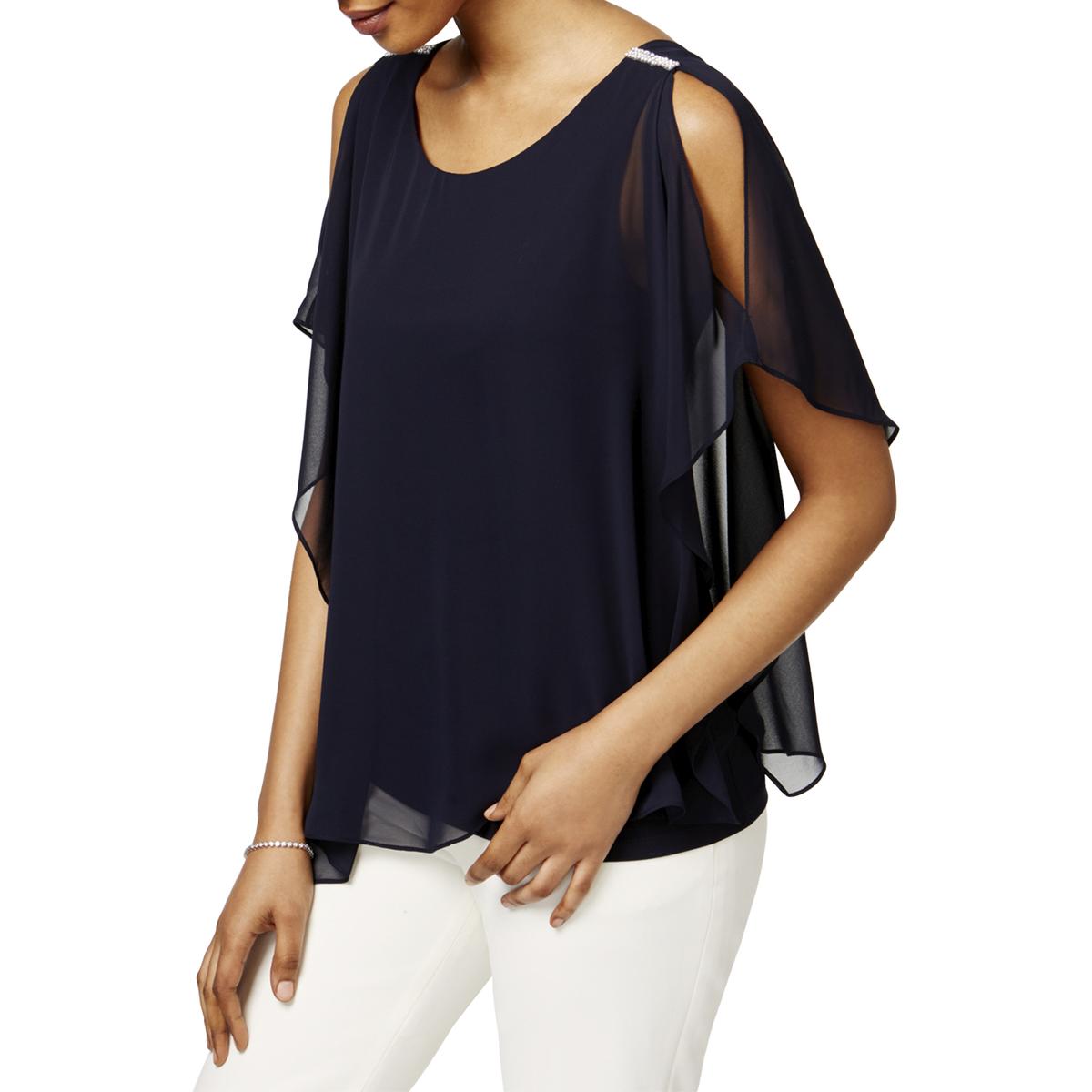 MSK Womens Navy Chiffon Embellished Cold Shoulder Casual Top L BHFO ...