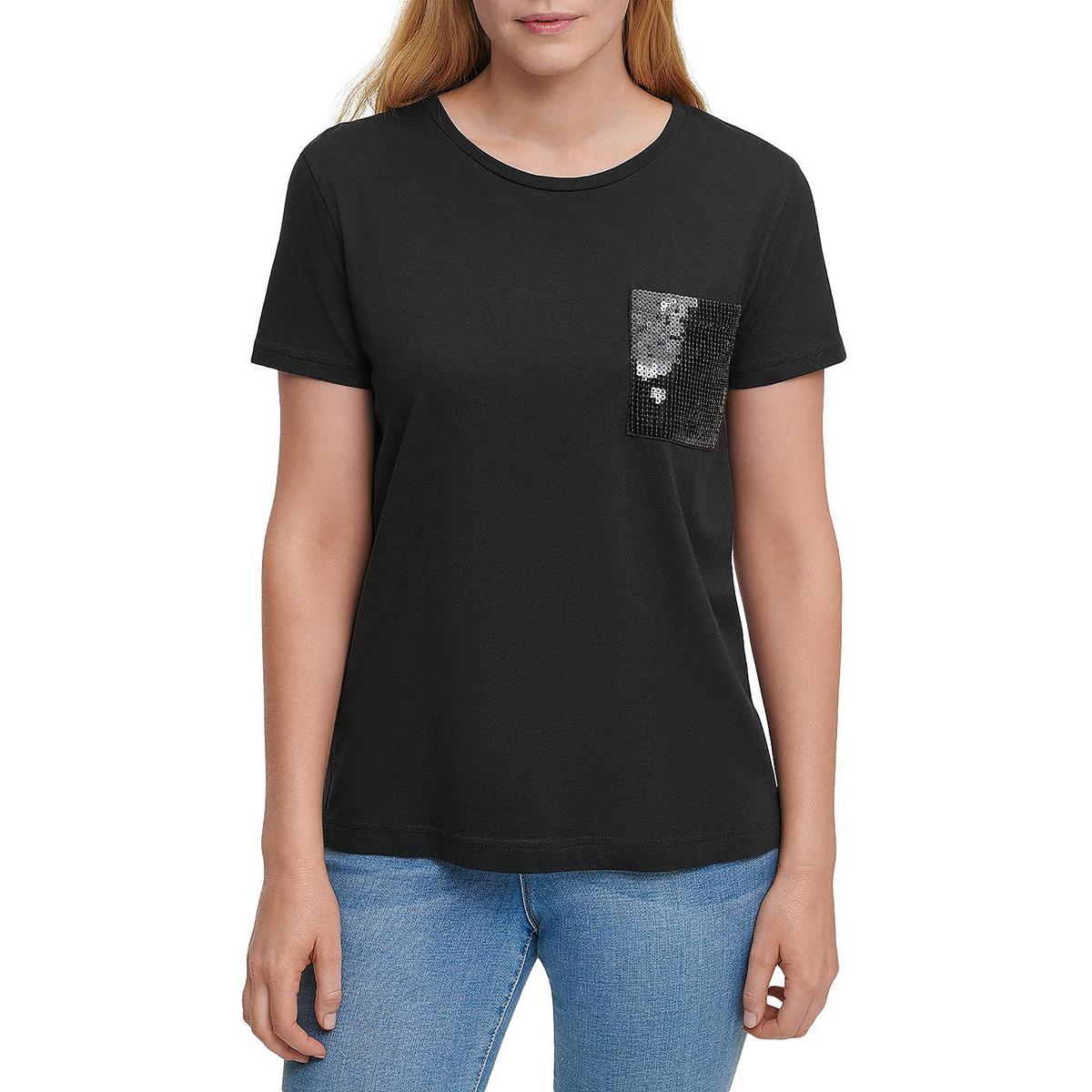 DKNY Womens Pocket Sequined Tee T-Shirt Top BHFO 0686