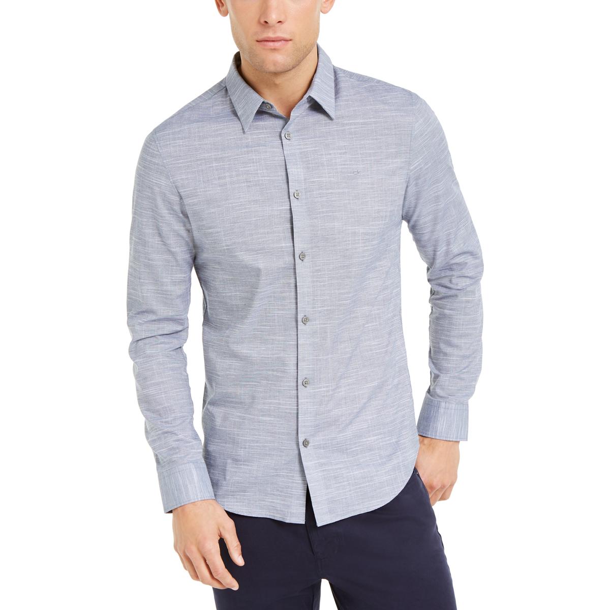 Calvin Klein Mens Blue Cotton Slub Long Sleeves Button-Down Shirt XL ...