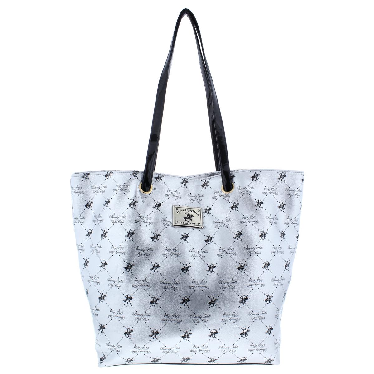 Beverly Hills Polo Club Womens Silver Logo Tote Handbag Purse Medium