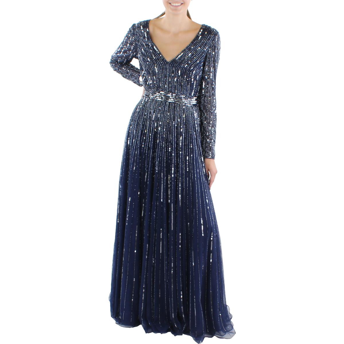 Pre-owned Mac Duggal Womens Sequined Maxi Special Occasion Evening Dress Gown Bhfo 1871 In Midnight