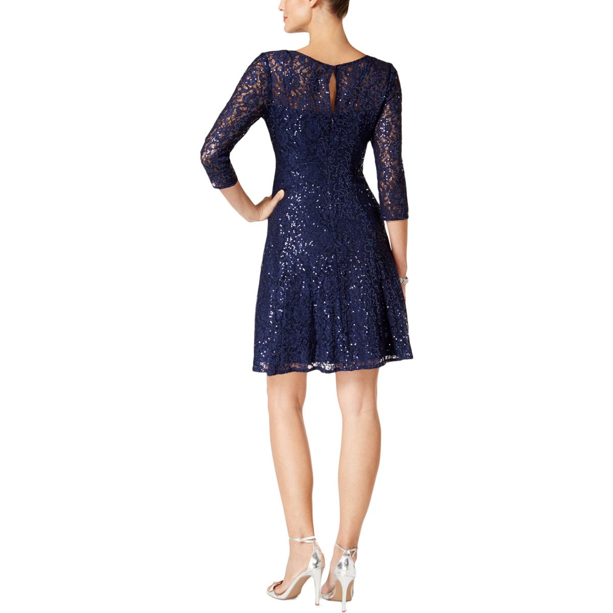 SL Fashions Womens Navy Lace Overlay Sequined Cocktail Dress 6 BHFO