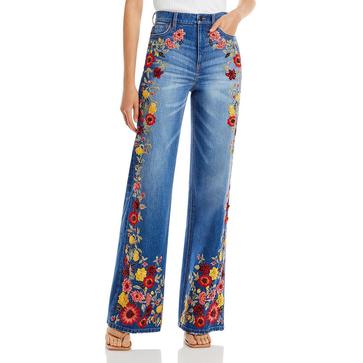 Alice and Olivia Womens Gorgeous Embroidered Embellised Wide Leg Jeans ...