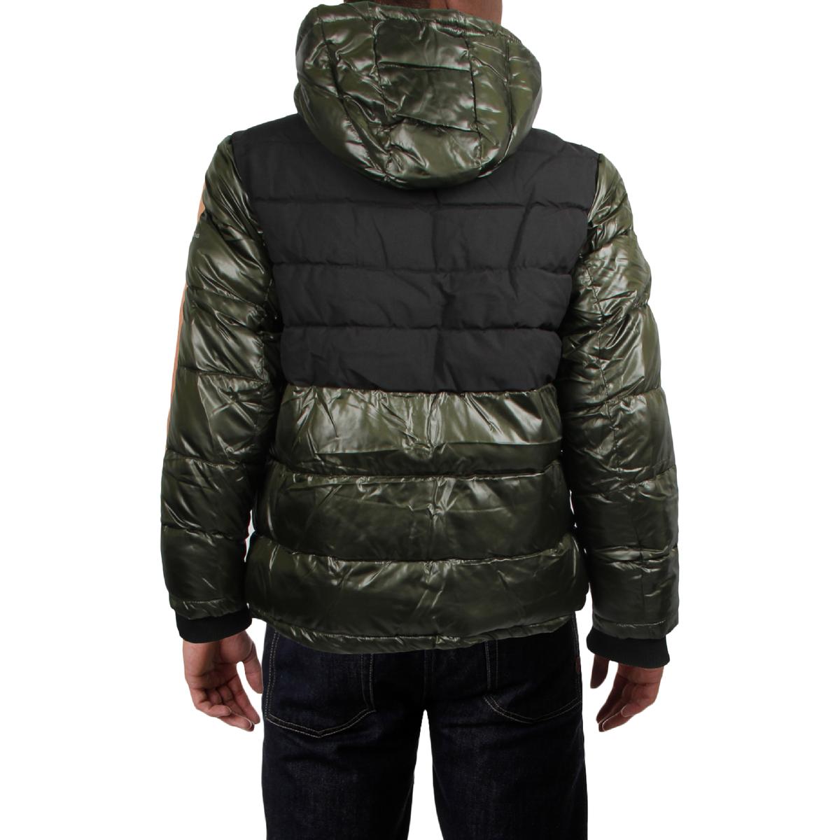 London Fog Men's Mixed Media Insulated Puffer Jacket with Attached Hood