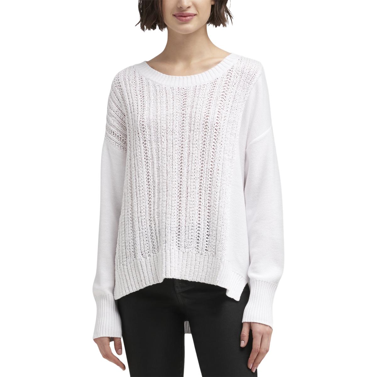 DKNY Womens White Knit Ribbed Trim Mixed Media Pullover Sweater Top XS ...
