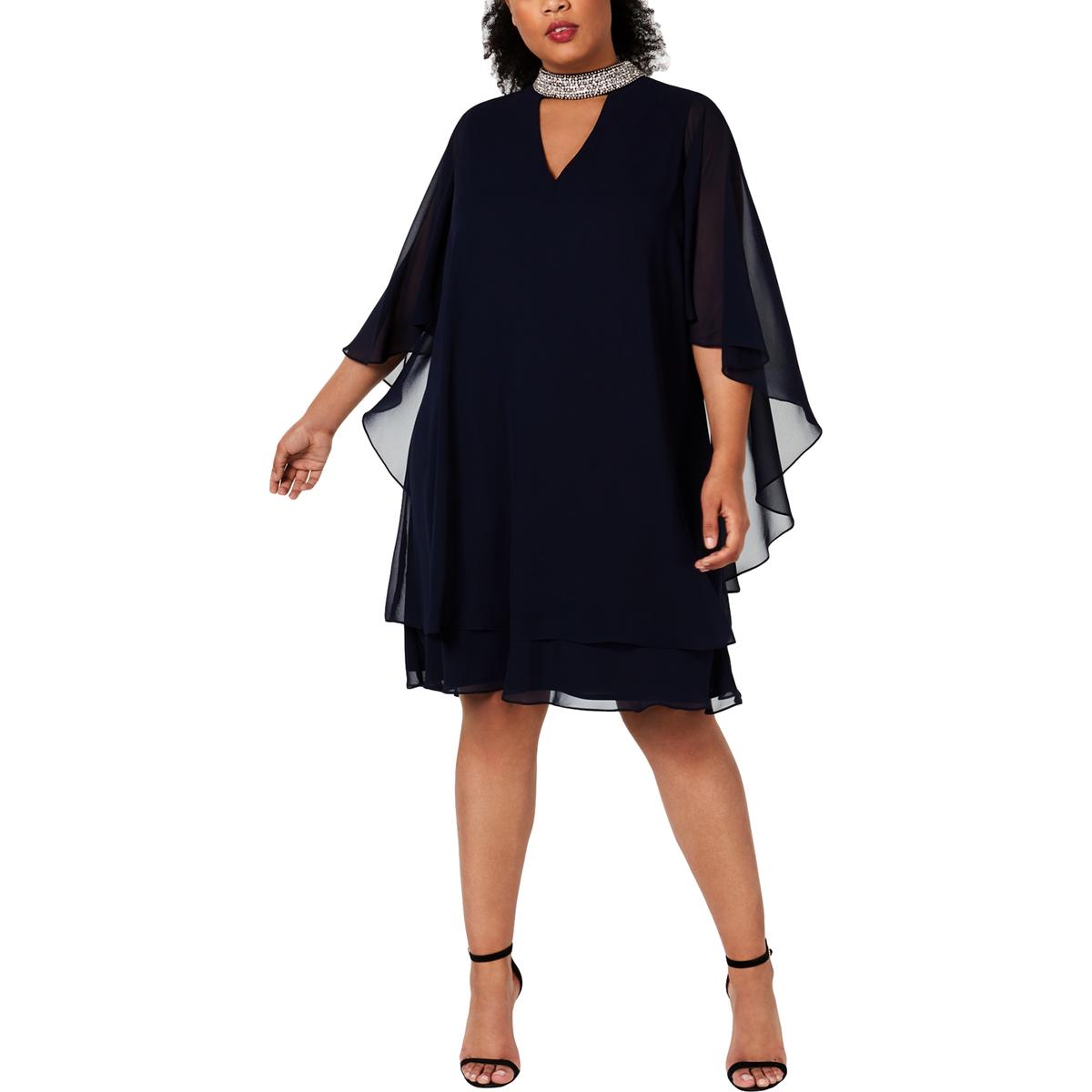 Xscape Womens Navy Embellished Chiffon Cape Cocktail Dress Plus 18W BHFO 4625 | eBay
