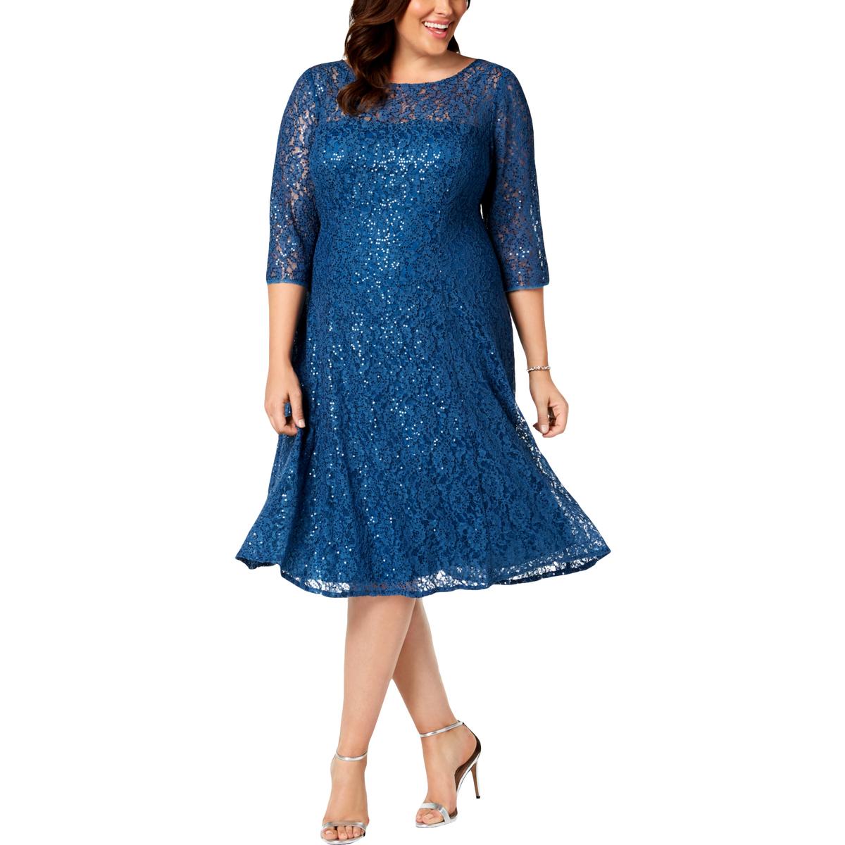 SLNY Womens Blue Sequined Lace Party Cocktail Dress Plus 18W BHFO 8277 ...