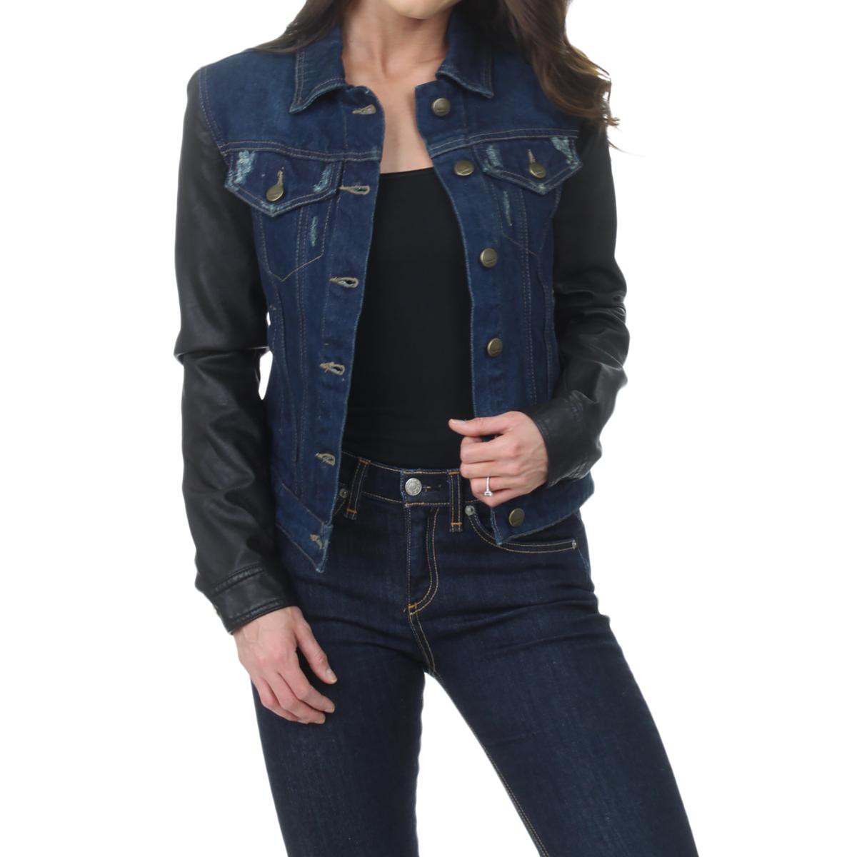 denim jacket with leather sleeves women's