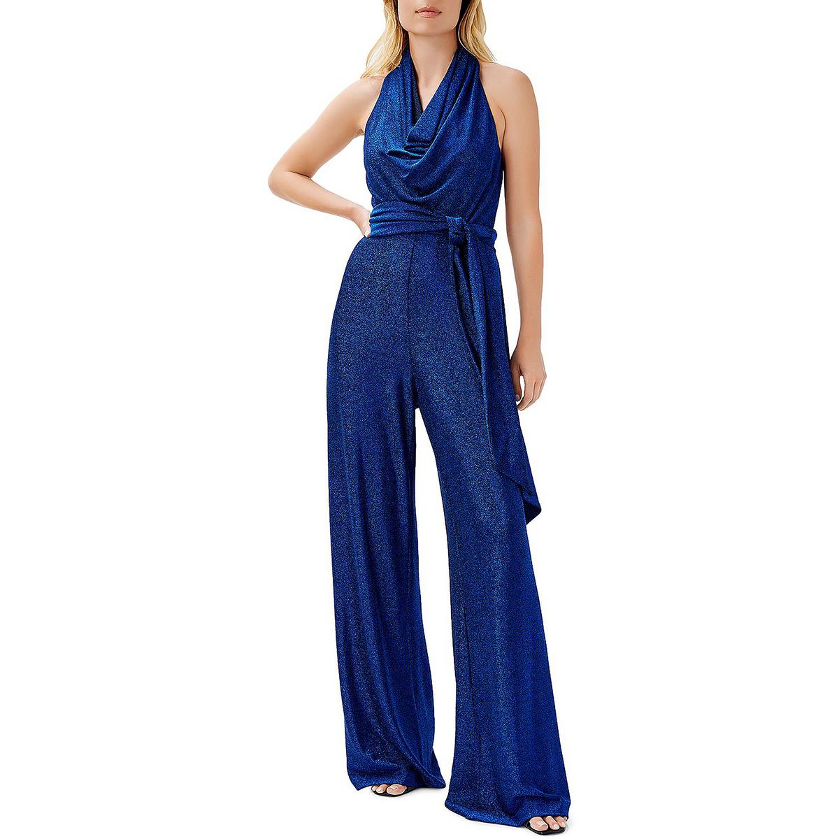 Aidan by Aidan Mattox Womens Blue Metallic Halter Wide Leg