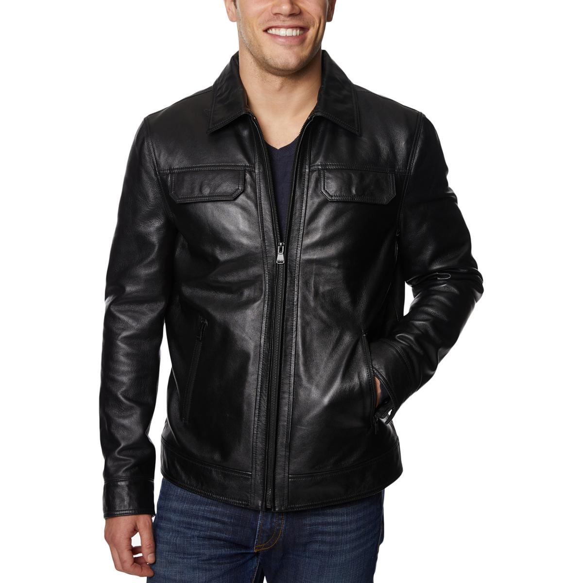 Perry Ellis Portfolio Mens Black Fall Collared Leather Jacket Coat M ...