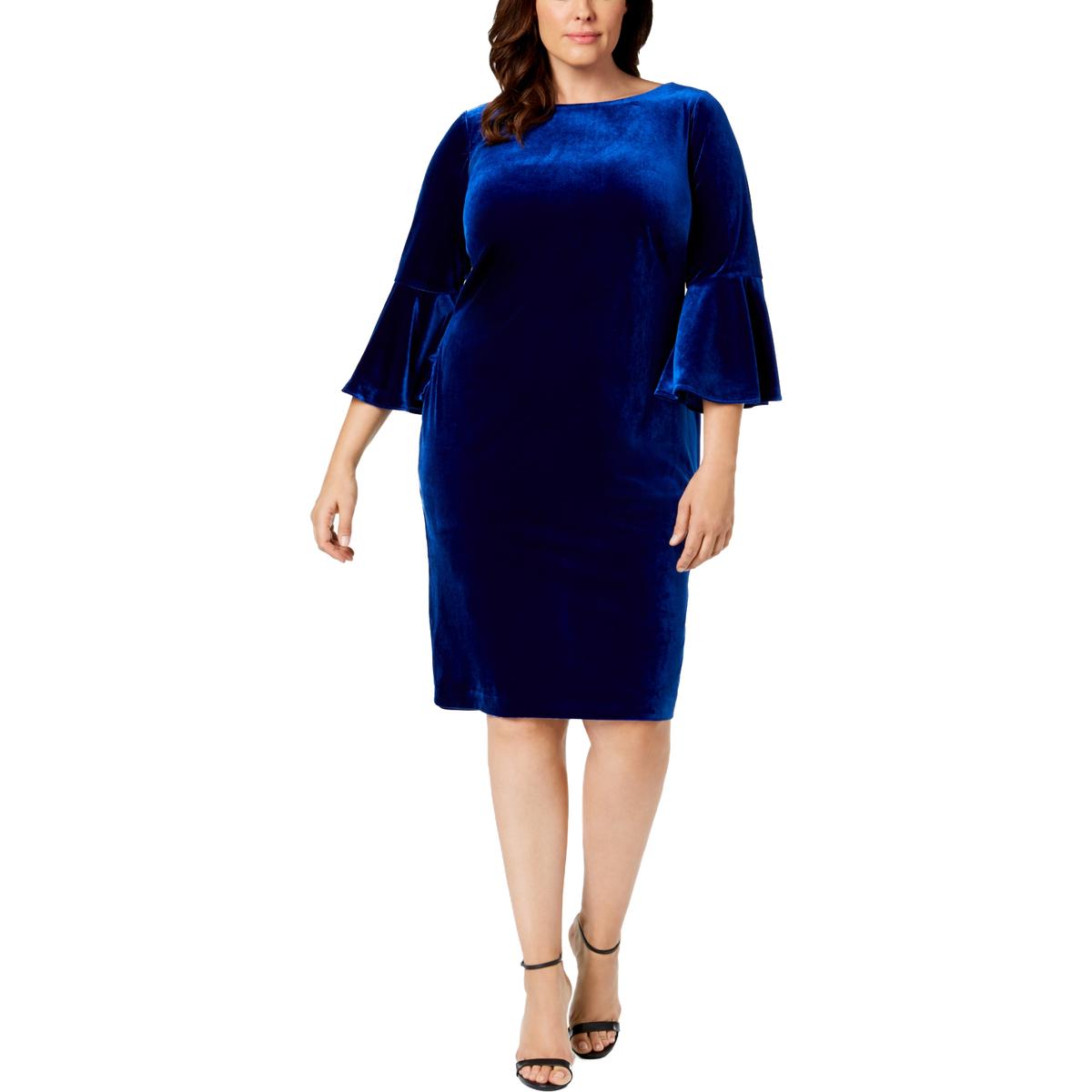 Calvin Klein Womens Blue Party Velvet Bell Sleeves Cocktail Dress 16W ...
