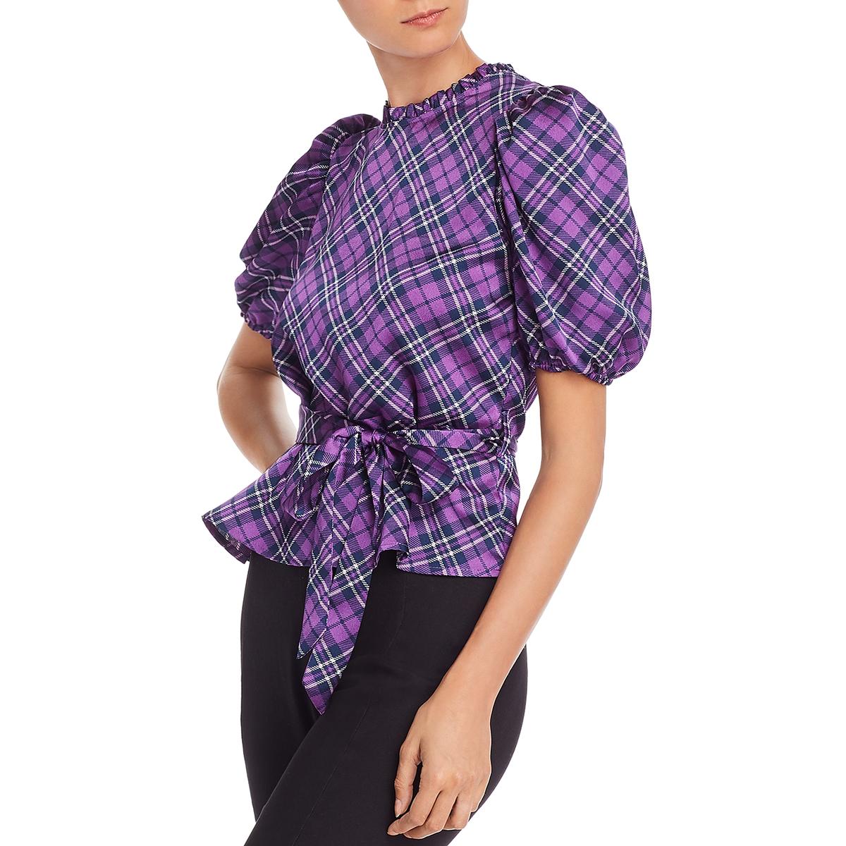 Aqua Womens Purple Ruffled Puff Sleeve Tie Front Blouse Top M BHFO 9498 ...