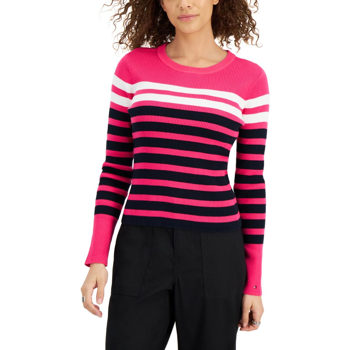 Tommy Hilfiger Womens Ribbed Striped Shirt Crewneck Sweater Top 