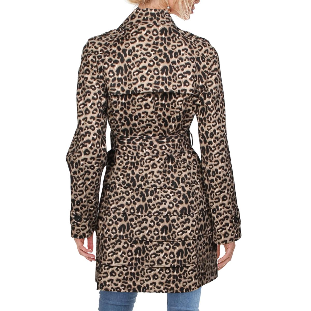 INC Womens Tan Leopard Print Double Breasted Trench Coat Outerwear S ...