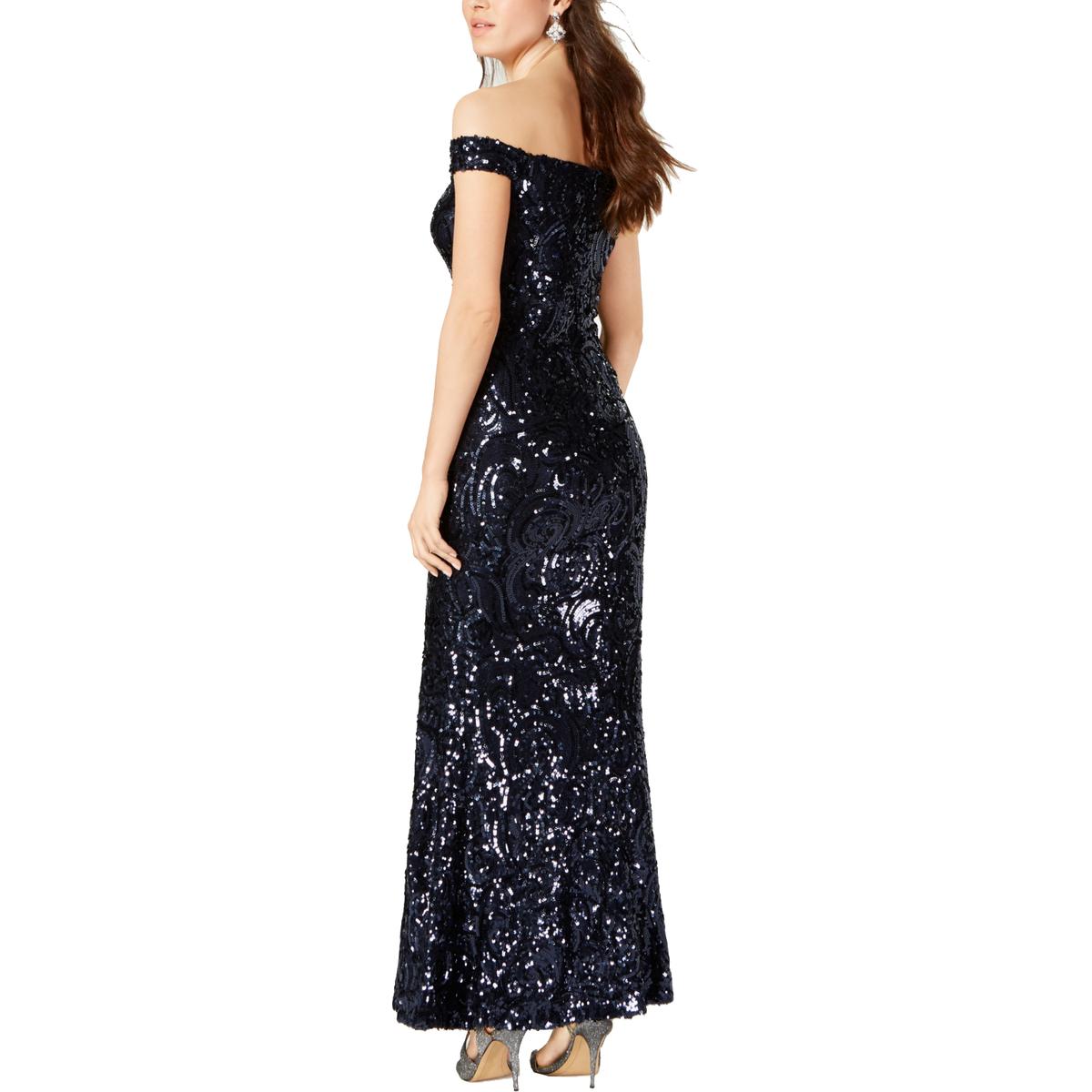 NW Nightway Womens Navy Sequined Off-The-Shoulder Evening Dress Gown 8 BHFO 2830 | eBay