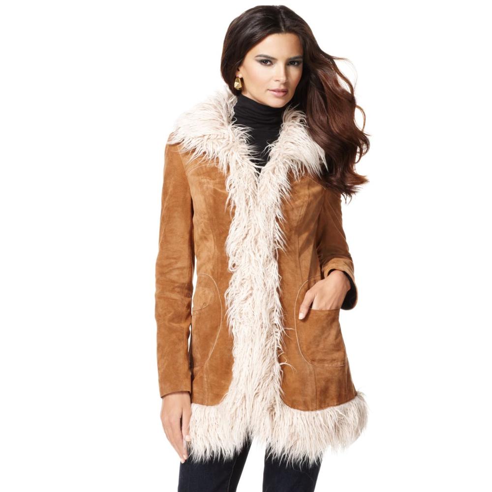 INC NEW Early Blossom Tan Suede Faux Fur Trim Long Sleeves Jacket Coat ...