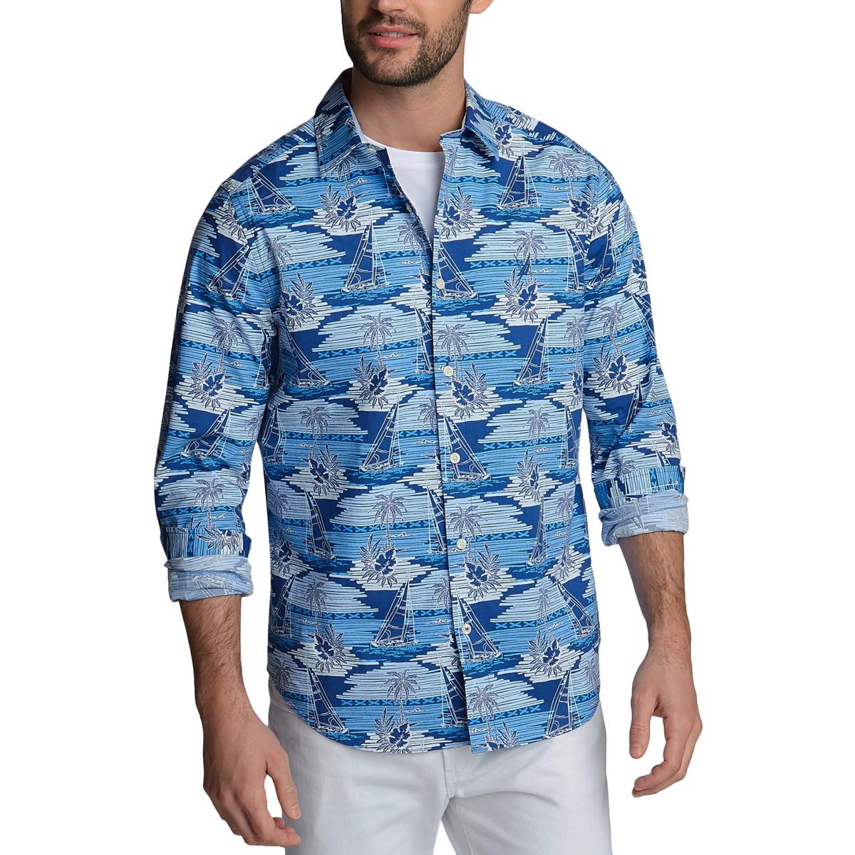 Nautica Blue Mens Blue Printed Classic Fit ButtonDown Shirt S BHFO