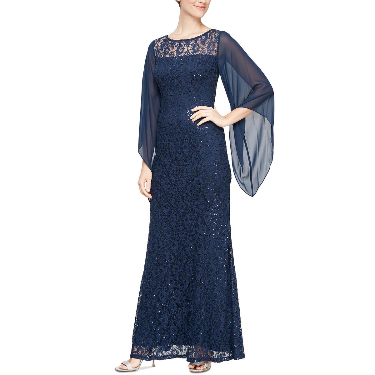 SLNY Womens Navy Lace Embellished Formal Evening Dress Gown 8 BHFO