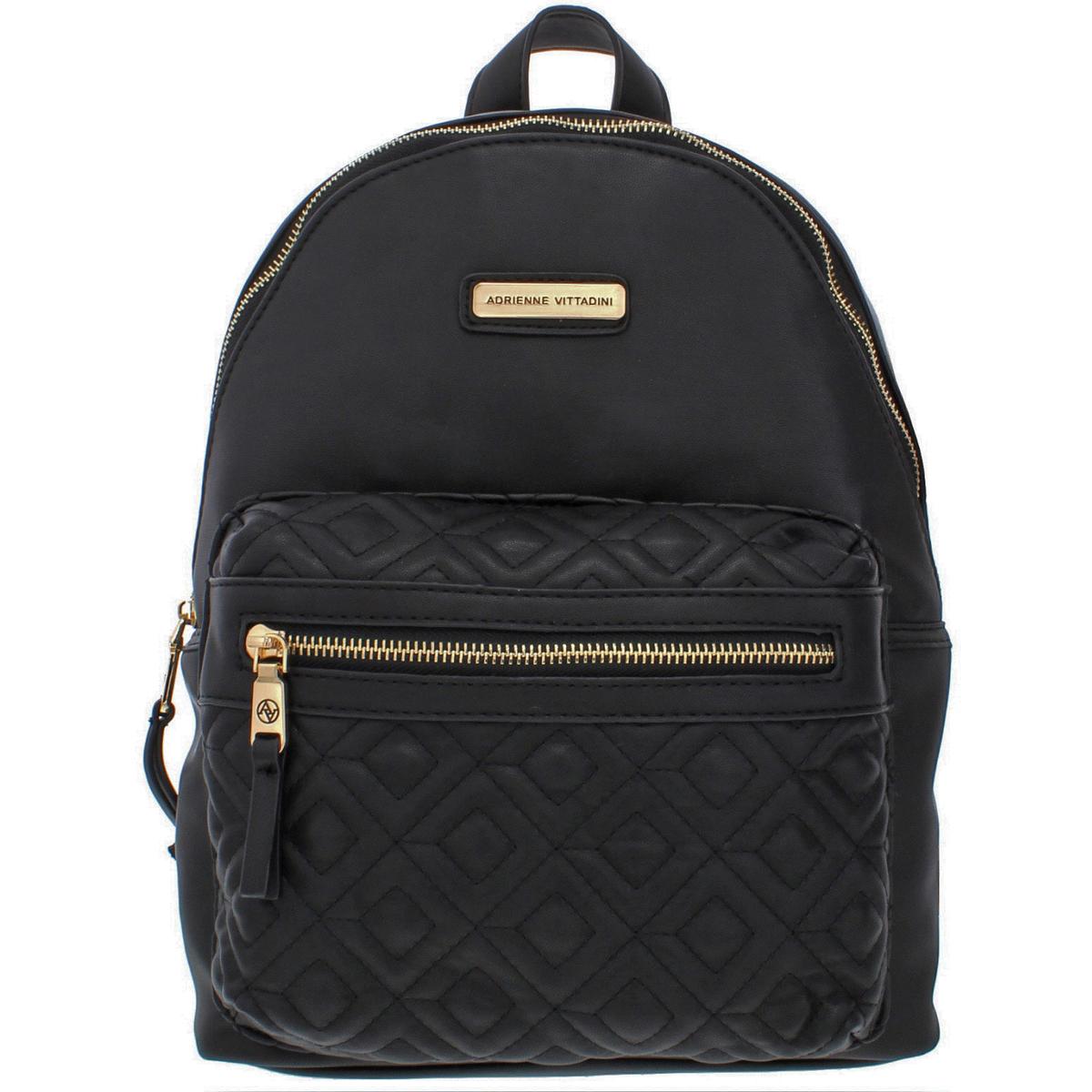 Adrienne Vittadini Womens Black Quilted Faux Leather Backpack Medium ...