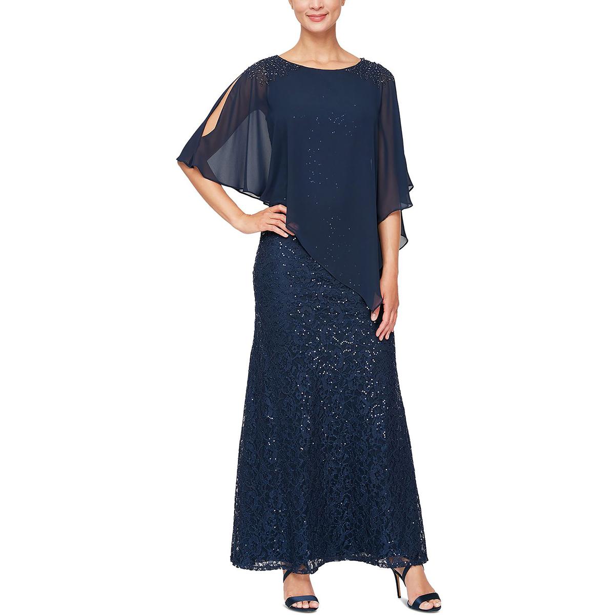 SLNY Womens Blue Chiffon-Overlay Maxi Sequined Evening Dress Gown 6 BHFO 2946