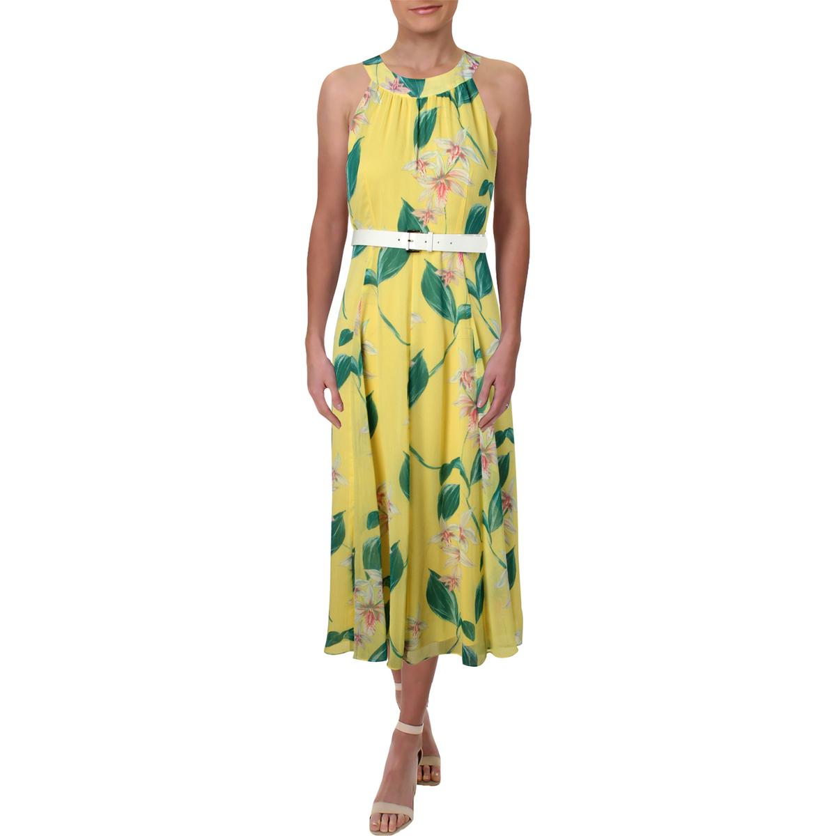 Tommy Hilfiger Womens Yellow Floral Print Midi Daytime Party Dress 12 ...