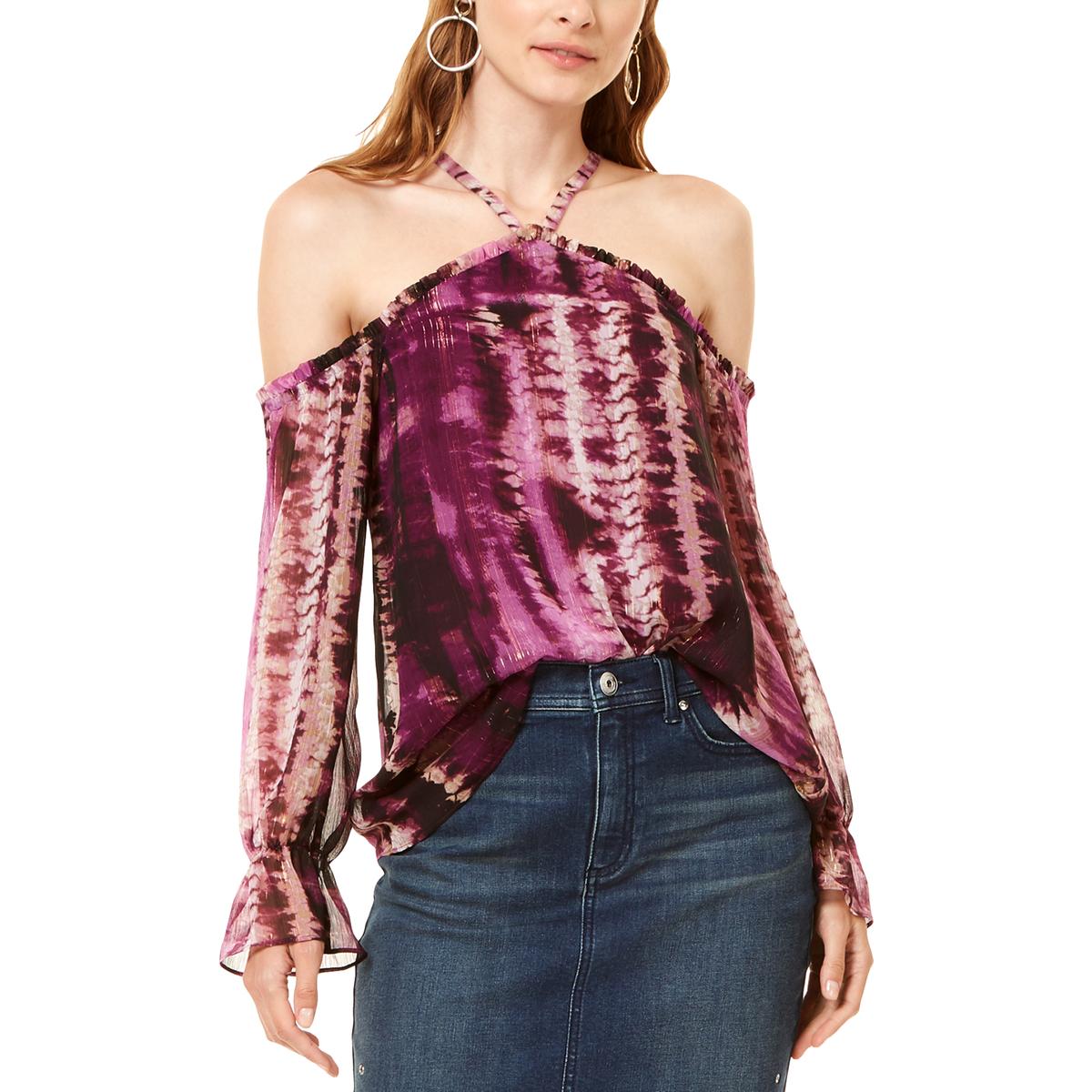 INC Womens Purple Metallic Ruffled Cold Shoulder Blouse Top XL BHFO 