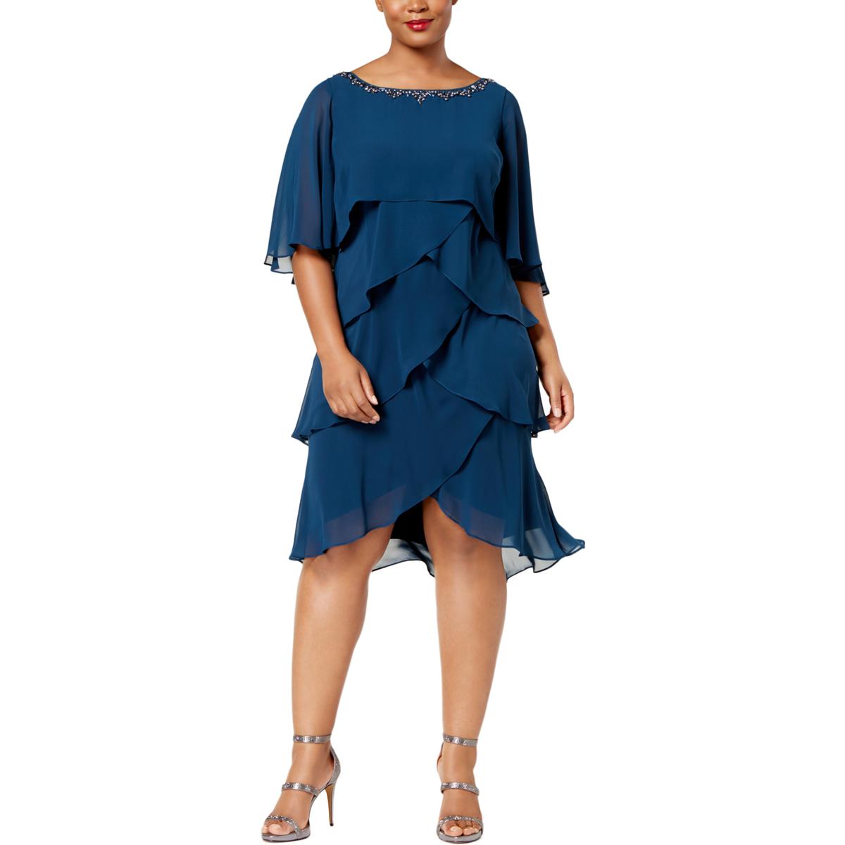 SLNY Womens Blue Chiffon Knee-Length Embellished Party Dress Plus 14W ...