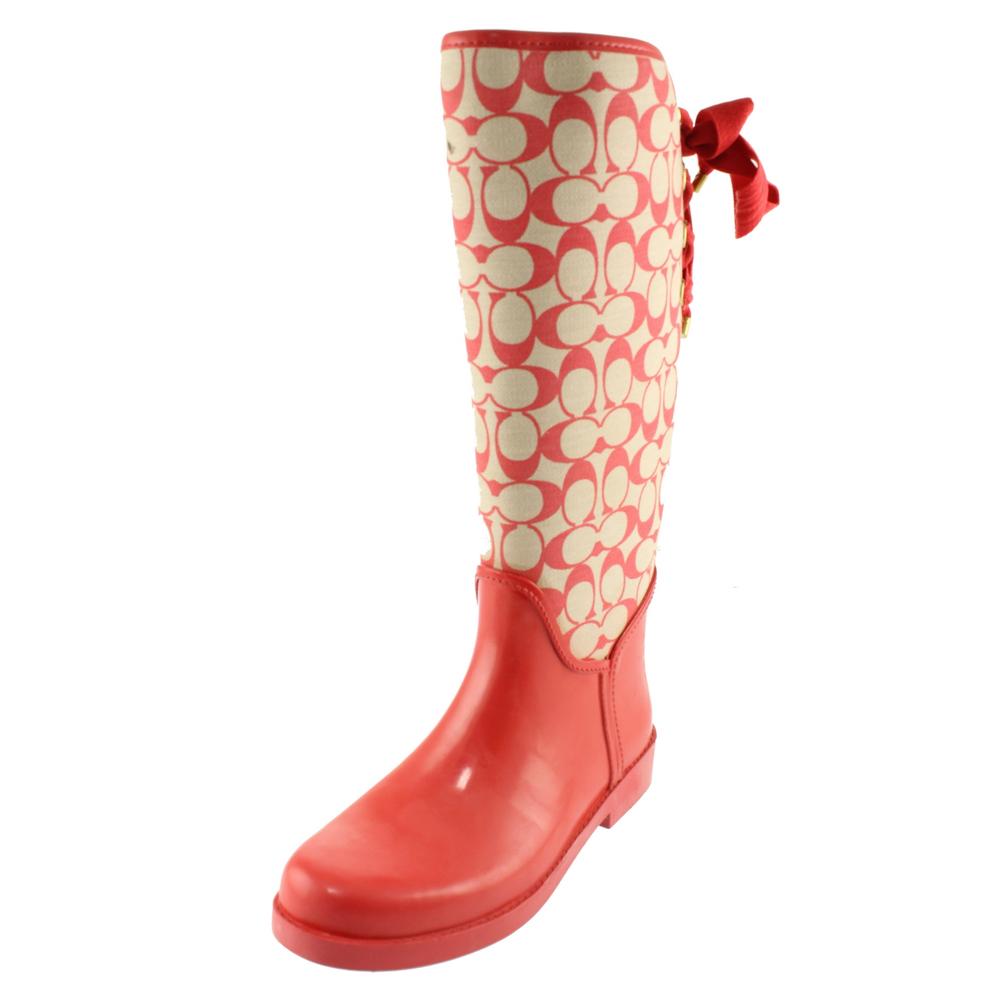 Coach NEW Tristee Pink Signature Knee-High Lace-Up Back Rain Boots ...