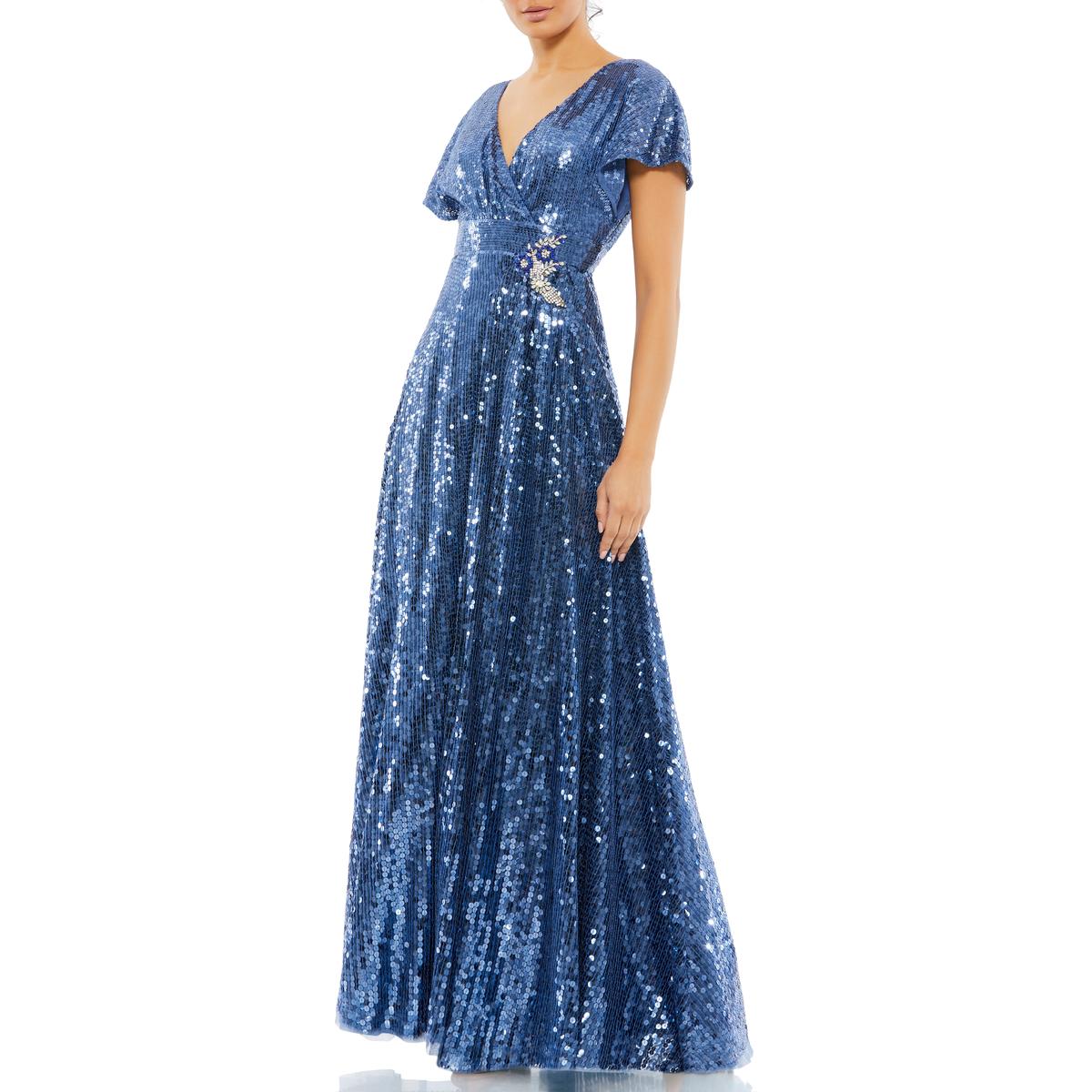 Pre-owned Mac Duggal Womens Sequined Maxi Formal Evening Dress Gown Bhfo 8663 In Fusion Blue