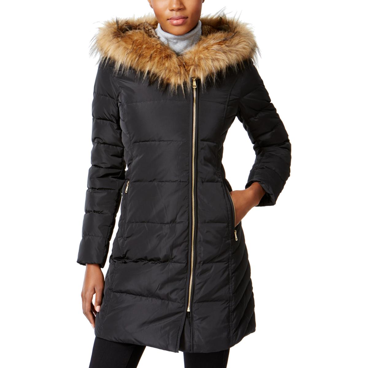 Cole Haan Womens Black Winter Down Faux Fur Puffer Coat Outerwear L ...