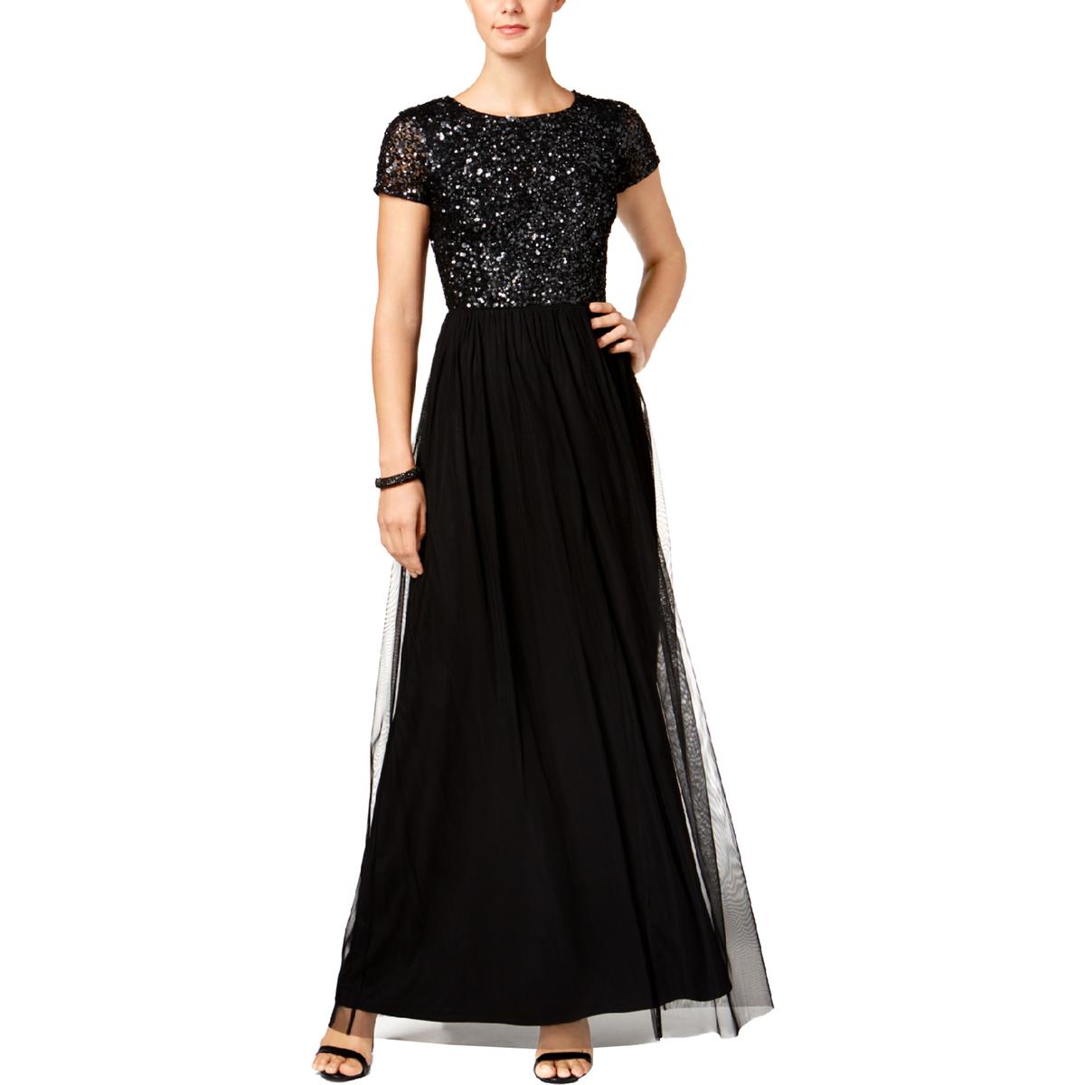 Adrianna Papell Womens Black Sequined Sleeve Evening Dress Gown 4 BHFO ...