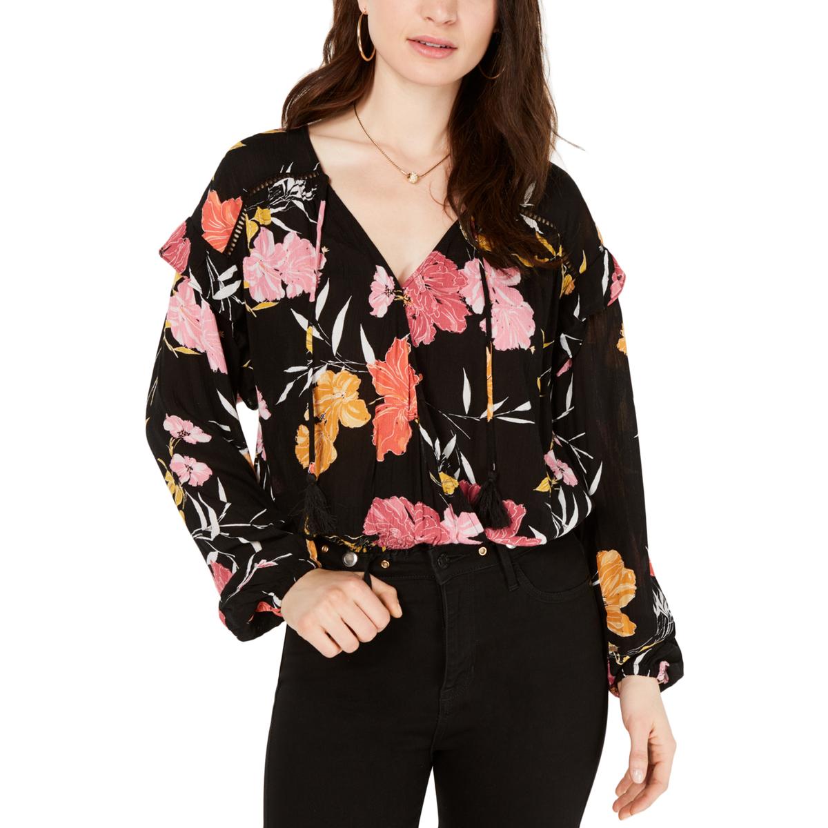 Guess Womens Black Printed Faux Wrap Long Sleeves Blouse Top S BHFO ...